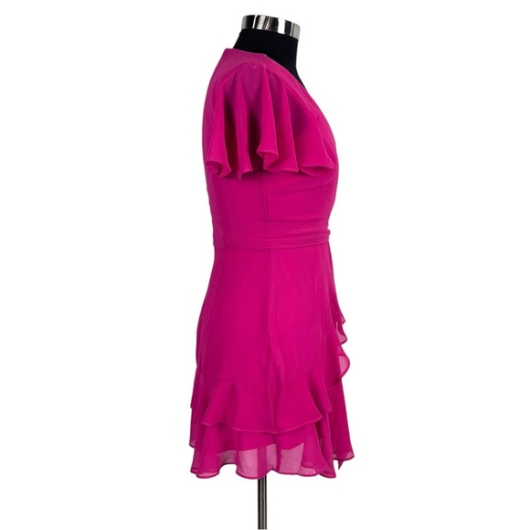LULUS SWEET LIKE YOU HOT PINK RUFFLED SURPLICE CHIFFON MINI DRESS - Picture 6 of 16